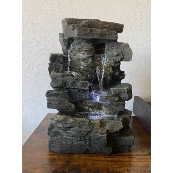New 13" Tall Indoor 4-Tier Cascading Tabletop Fountain with LED Lights